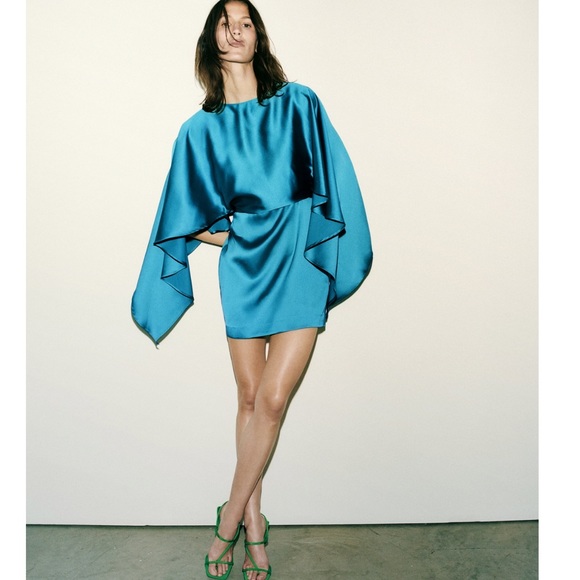 Zara SATIN EFFECT MINI CAPE DRESS - Picture 2 of 15